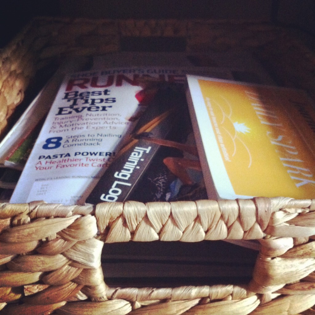 A basket filled with magazines and papers.